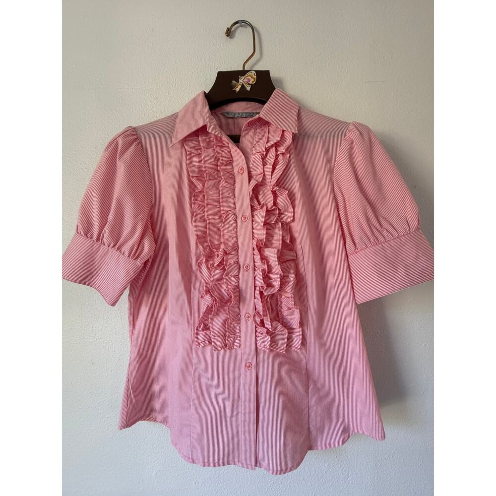 Signature by Larry Levine Red White Striped Short Sleeve Button Up Preppy Ruffle